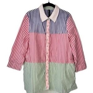 Berek Top Women M Multicolor Striped Colorblock 3/4 Sleeves Cottage Core Button